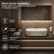 Plantex Designer Wash Basin for Bathroom/Ceramic Table Top Washbasin/Countertop Vessel Sink Basin - (White Art, 20 x 15 x 6 Inch)