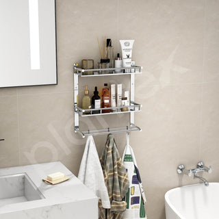 Plantex Shelf for Bathroom Organizer/Stainless Steel Bathroom Items with Towel Holder/Towel Rod & Hooks/Bathroom Fittings Accessories Set (3-Tier, Chrome)