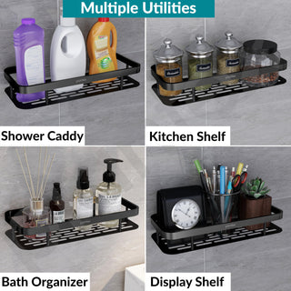 Plantex Self Adhesive Bathroom Shelf for Wall/Stainless Steel Rack with Aluminium Railing & Magic Stickers/Bathroom Organiser - Pack of 3 (12x5 inches, Black)