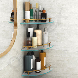 Plantex Premium Frosted Glass Corner Shelf for Bathroom/Glass Shelf/Storage Shelf - (12x12 in,Brass Antique-Pack of 3)