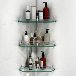 Plantex Premium Glass Corner Shelf for Bathroom/Glass Shelf for Kitchen/Transparent Bathroom Accessories (Transparent,9x9 Inches) - Pack of 3
