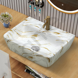 Plantex Ceramic Wash Basin for Bathroom/Square Wall Hung Basin/Bathroom Sink/Washbasin for Restaurant/Hotel (Marble Finish - 18 x 14 x 5 Inch)