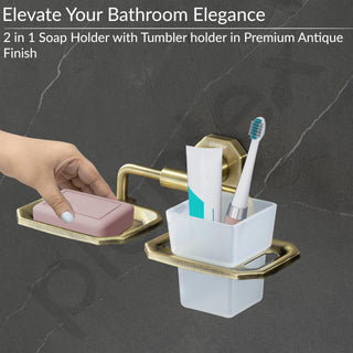 Plantex 304 Grade Stainless Steel 2in1 Soap Dish with Tumbler Holder/Soap Stand/Tooth Brush Holder/Bathroom Accessories - Nipron (Brass Antique)