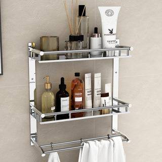 Plantex Shelf for Bathroom Organizer/Stainless Steel Bathroom Items with Towel Holder/Towel Rod & Hooks/Bathroom Fittings Accessories Set (3-Tier, Chrome)