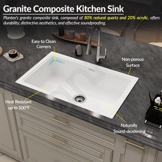 Plantex Matt German Technology Acrylic Resin Quartz Kitchen Sink/10 Years Guarantee/Granite Single Bowl Sink For Kitchen With Coupling (Whiti 32X20 Inches)