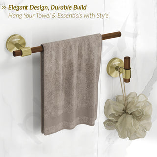 Plantex 304 Stainless Steel and Wood Bathroom Set/Glass Soap Holder & Tumbler Holder/Towel Rod/Napkin Hanger for Washbasin/Robe Hook/Bathroom Accessories - Set of 5 (Gold & Wood)