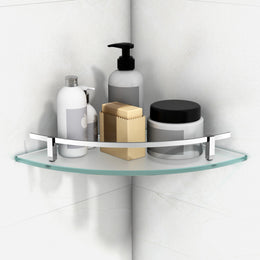 Plantex Premium Frosted Glass Corner with Brass Railings and Brackets/Shelf for Bathroom/Wall Shelf/Storage Shelf (9x9 Inches) - Pack of 1 (Silver Matt)