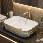 Plantex Designer Wash Basin for Bathroom/Ceramic Table Top Washbasin/Countertop Vessel Sink Basin - (White Art, 20 x 15 x 6 Inch)