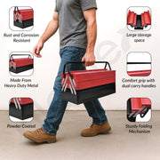 Plantex Tool Box Empty/Sturdy Tools Storage Box With Large Capacity/Empty Tool Box/Tool Organizer for Carpenter, Garage, And Home Essential Tools - 5 Compartments - (Red & Black) - Metal
