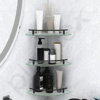 Plantex Premium Frosted Glass Corner/Shelf for Bathroom/Wall Shelf/Storage Shelf - (12x12 in,Black-Pack of 3)