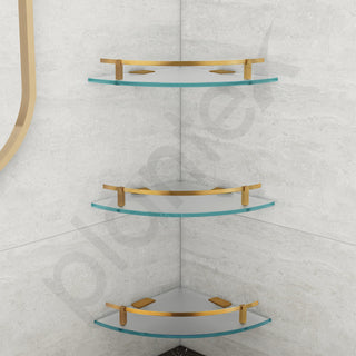 Plantex Frosted Glass Corner Shelf for Bathroom/Kitchen Glass Shelf/Bathroom Corner Organizer with Brass Antique Railings and Wall Brackets (9x9 Inches- Pack of 3)