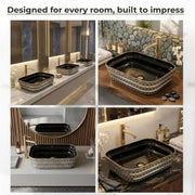 Plantex Designer Ceramic Basin/Table Top Wash Basin for Bathroom/Countertop Vessel Sink Basin for Home/Office/Restaurant (Black Art, 20 x 15 x 6 Inch )