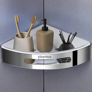 Plantex Bathroom Corner Shelf for Wall/304 Grade Stainless Steel Bathroom Stand for Corner/Bathroom Accessories (Silver & White, 9x9 inches)