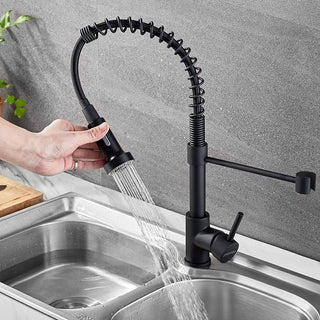 Plantex Designer Brass Single Handle High Arc Spring Pull Out Kitchen Sink Faucet/Hot & Cold Water Mixer Tap with Pull Down Sprayer Multitask Mode- Matte Black