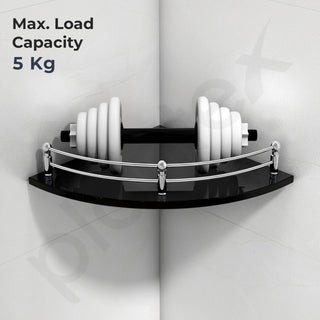 Plantex Black Glass Corner Shelf for Bathroom/Living Room Corner Shelf Wall Mount with Stainless Steel Railings and Brackets - Premium Bathroom Accessories (12 x 12 Inches - Pack of 1)