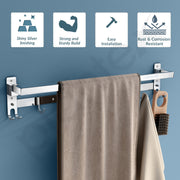 Plantex Stainless Steel Folding Towel Rod with Hooks/Towel Rack for Bathroom/24 Inch Towel Bar/Hanger/Stand/Bathroom Accessories - Pack of 1 (Chrome)