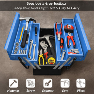 Plantex Metal Tool Box/Tools Box With Large Capacity/Empty Tool Box/Tool Organizer For Carpenter, Garage, And Home Essential Tools - 5 Compartments - (Blue & Black)