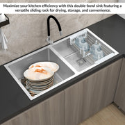 Plantex Heavy Duty Stainless Steel Double Bowl Sink For Kitchen/Handmade Kitchen Sink with 25 Years Warranty by Plantex/Sink with Coupling, Hose Pipe and Drying Rack (Silver Matt - 37x18x9 Inches)