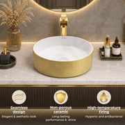 Plantex Ceramic Table Top Wash Basin/Small Washbasin for Bathroom/Countertop Vessel Sink Basin(Gold&White -14 x14x5 Inch)