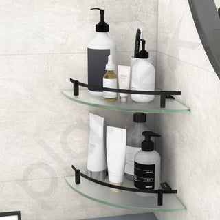Plantex Premium Frosted Glass Corner/Shelf for Bathroom/Wall Shelf/Storage Shelf - (12x12 in,Black-Pack of 2)