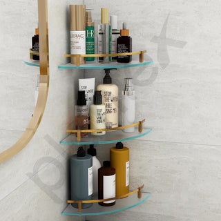 Plantex Frosted Glass Corner Shelf for Bathroom/Kitchen Glass Shelf/Bathroom Corner Organizer with Brass Antique Railings and Wall Brackets (9x9 Inches- Pack of 3)