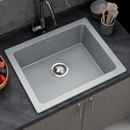 Plantex Quartz Acrylic Kitchen Sink/Undermount Sink For Kitchen/Metalic Single Bowl Kitchen Sinks With Coupling (Lintus 16X18 Inches), Silver