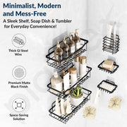 Plantex Self Adhesive Bathroom Shelf/Bathroom Organiser without Drill/Adhesive Wall Shelves/Bathrooms Accessories Set/Soap Holder with Tooth Brush Holder-(Black, Pack of 6)