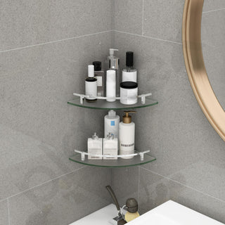 Plantex Premium Glass Corner Shelf for Bathroom/Bathroom Corner Shelf/Kitchen Glass Shelf/Wall Mounted Shelf with Brass Railings and Wall Brackets (9x9 Inches-Pack of 2 - Frosted)