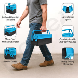 Plantex Metal Tool Box for Home Use/3 Cabinet Empty Tool Kit Box/Tools Box/Tool Organizer for Essential Tools With Large Capacity & Strong Handle - (Blue & Black)