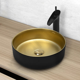 Plantex Table Top Wash Basin for Bathroom/Designer Ceramic Basin/Round Countertop Vessel Sink Basin for Home/Office/Hotel (Black & Gold - 14 x 14 x 5 Inch)