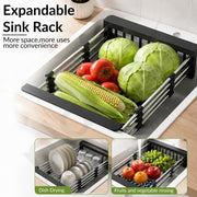 Plantex Stainless Steel Kitchen Sink Strainer/Drain Basket With Adjustable Armrest Kitchen Rack/Vegetable Washing Basket for Sink/Expandable Drain Dish Rack (Pack of 1, Black)