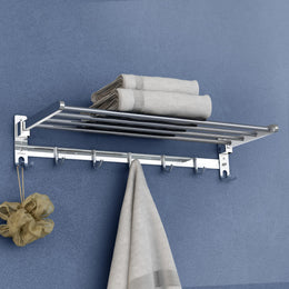 Plantex Folding Towel Rack/Stainless Steel Towel Holder/24 Inch Towel Hanger for Bathroom/Towel Stand with Fix Hook/Bathroom Accessories - Pack of 1 (Chrome)