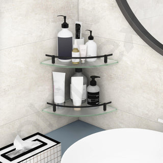 Plantex Premium Frosted Glass Corner/Shelf for Bathroom/Wall Shelf/Storage Shelf - (12x12 in,Black-Pack of 2)
