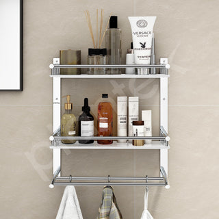 Plantex Bathroom Organizer with Drill/Stainless Steel Bathroom Rack Shelf with Towel Holder/Towel Rod and Hooks (3-Tier, Chrome)