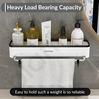 Plantex 3in1 Multipurpose Shelf/ABS Plastic White Floating Shelf with Towel Rod and Hooks for Bathroom/Kitchen/Wall-Mount Shelf for Bathroom/Storage Shelf (16 x 4 Inches)