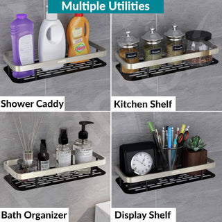 Plantex Bathroom Rack Without Drilling/Stainless Steel Bathroom Shelf for Wall with Aluminium Railing & Magic Stickers/Bathroom Accessories (12x5 inches, Satin & Black)