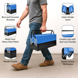 Plantex Metal Tool Box/Tools Box With Large Capacity/Empty Tool Box/Tool Organizer For Carpenter, Garage, And Home Essential Tools - 5 Compartments - (Blue & Black)