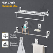 Plantex Bathroom Accessories- Stainless Steel 6pcs Bathroom Organizer Set- Folding Towel Rack/Towel Rod/Napkin Ring/Soap Holder/Tumbler Holder/Robe Hook(Chrome)