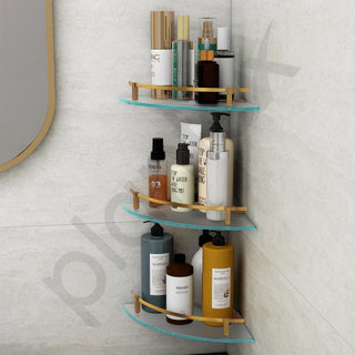 Plantex Frosted Glass Corner Shelf for Bathroom/Kitchen Glass Shelf/Bathroom Corner Organizer with Brass Antique Railings and Wall Brackets (9x9 Inches- Pack of 3)