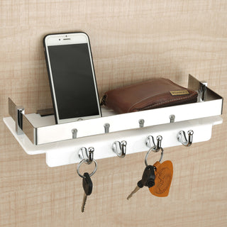 Plantex Multipurpose Acrylic Key Holder for Living Room/Wall Mount Storage Shelf with Silver Railings/Bathroom Accessories for Home Decor (12x4 inches, White)