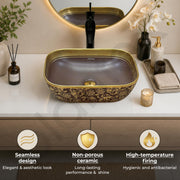 Plantex Designer Ceramic Basin/Table Top Wash Basin for Bathroom/Countertop Vessel Sink - Indo-European Collection (EQTT-466, Gold & Brown)