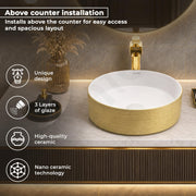 Plantex Ceramic Table Top Wash Basin/Small Washbasin for Bathroom/Countertop Vessel Sink Basin(Gold&White -14 x14x5 Inch)