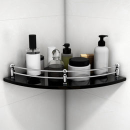 Plantex Black Glass Corner Shelf for Bathroom/Living Room Corner Shelf Wall Mount with Stainless Steel Railings and Brackets - Premium Bathroom Accessories (12 x 12 Inches - Pack of 1)