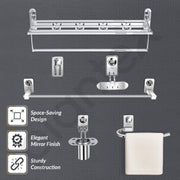 Plantex Bathroom Accessories- Stainless Steel 6pcs Bathroom Organizer Set- Folding Towel Rack/Towel Rod/Napkin Ring/Soap Holder/Tumbler Holder/Robe Hook(Chrome)