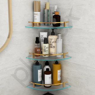 Plantex Frosted Glass Corner Shelf for Bathroom/Kitchen Glass Shelf/Bathroom Corner Organizer with Brass Antique Railings and Wall Brackets (9x9 Inches- Pack of 3)