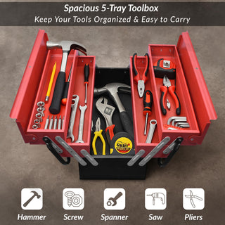 Plantex Tool Box Empty/Sturdy Tools Storage Box With Large Capacity/Empty Tool Box/Tool Organizer for Carpenter, Garage, And Home Essential Tools - 5 Compartments - (Red & Black) - Metal