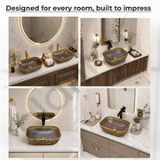 Plantex Designer Ceramic Basin/Table Top Wash Basin for Bathroom/Countertop Vessel Sink - Indo-European Collection (EQTT-466, Gold & Brown)
