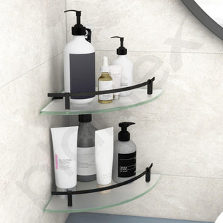 Plantex Premium Frosted Glass Corner/Shelf for Bathroom/Wall Shelf/Storage Shelf - (12x12 in,Black-Pack of 2)