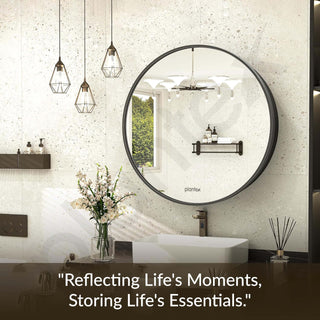 Plantex Aluminium Framed Round Mirror Cabinet for Bathroom/Wash Basin/Heavy-Duty Steel Body Moon Shape Mirror with Shelf– 20x20 Inch, Black