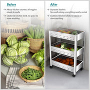 Plantex Stainless Steel 3-Tier Vegetable Storage Basket for Kitchen/Onion Garlic Stand-Trolley (Square Profile-Silver)
